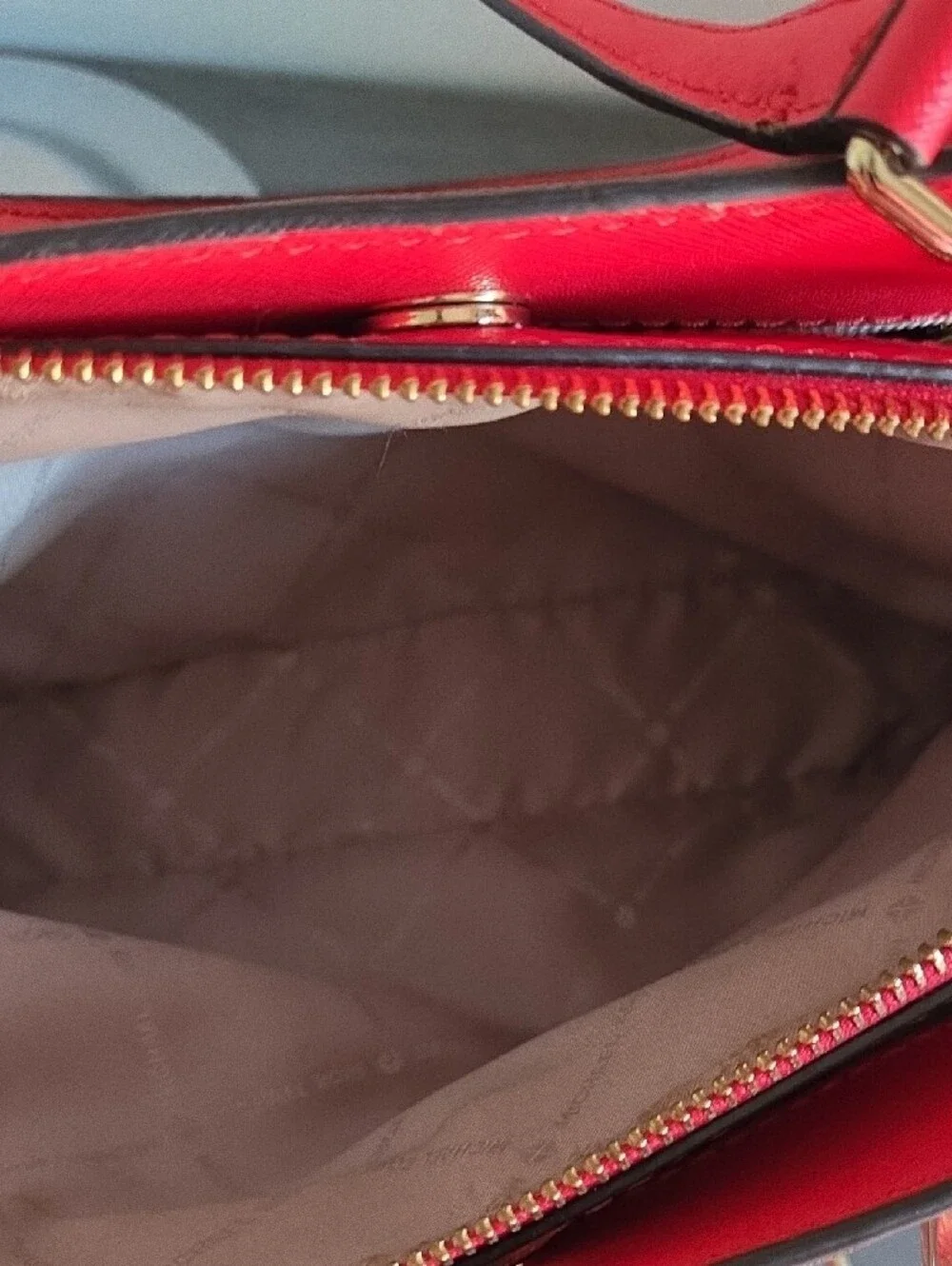 Michael Kors Savannah Small Satchel Brown Logo with Red Trim